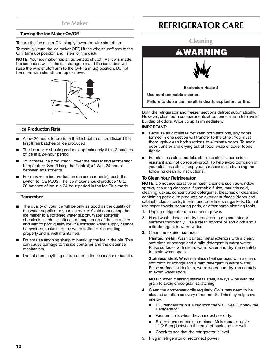 Refrigerator care, Warning, Ice maker | Cleaning | Maytag M8RXEGMXS User Manual | Page 10 / 42