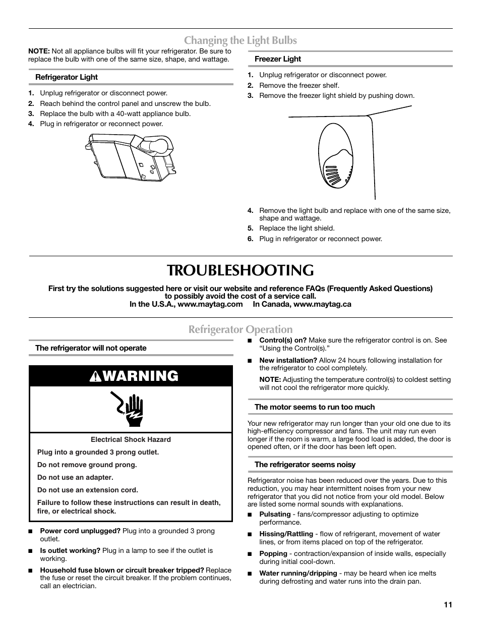 Troubleshooting, Warning, Changing the light bulbs | Refrigerator operation | Maytag M8RXEGMXS User Manual | Page 11 / 42