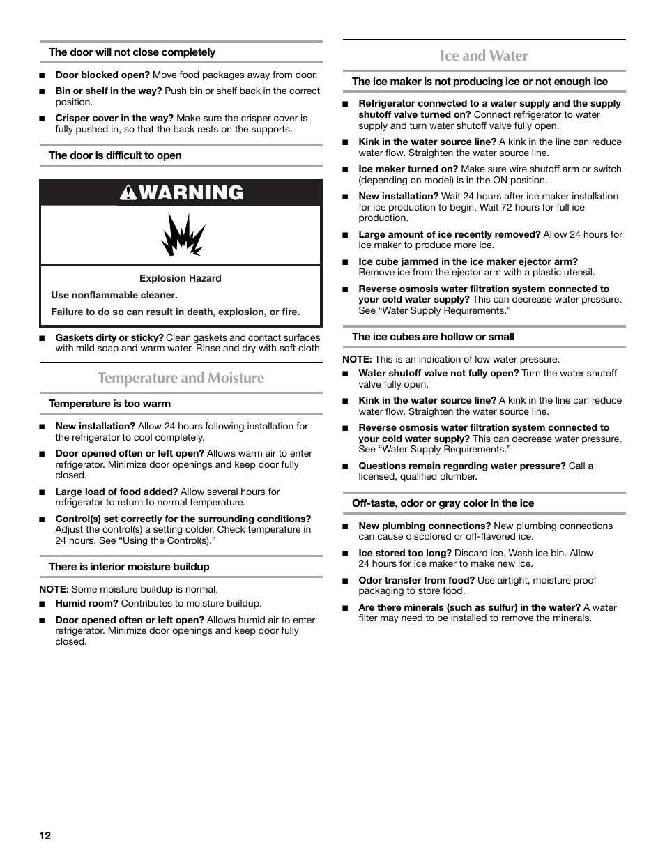 Warning, Temperature and moisture, Ice and water | Maytag M8RXEGMXS User Manual | Page 12 / 42