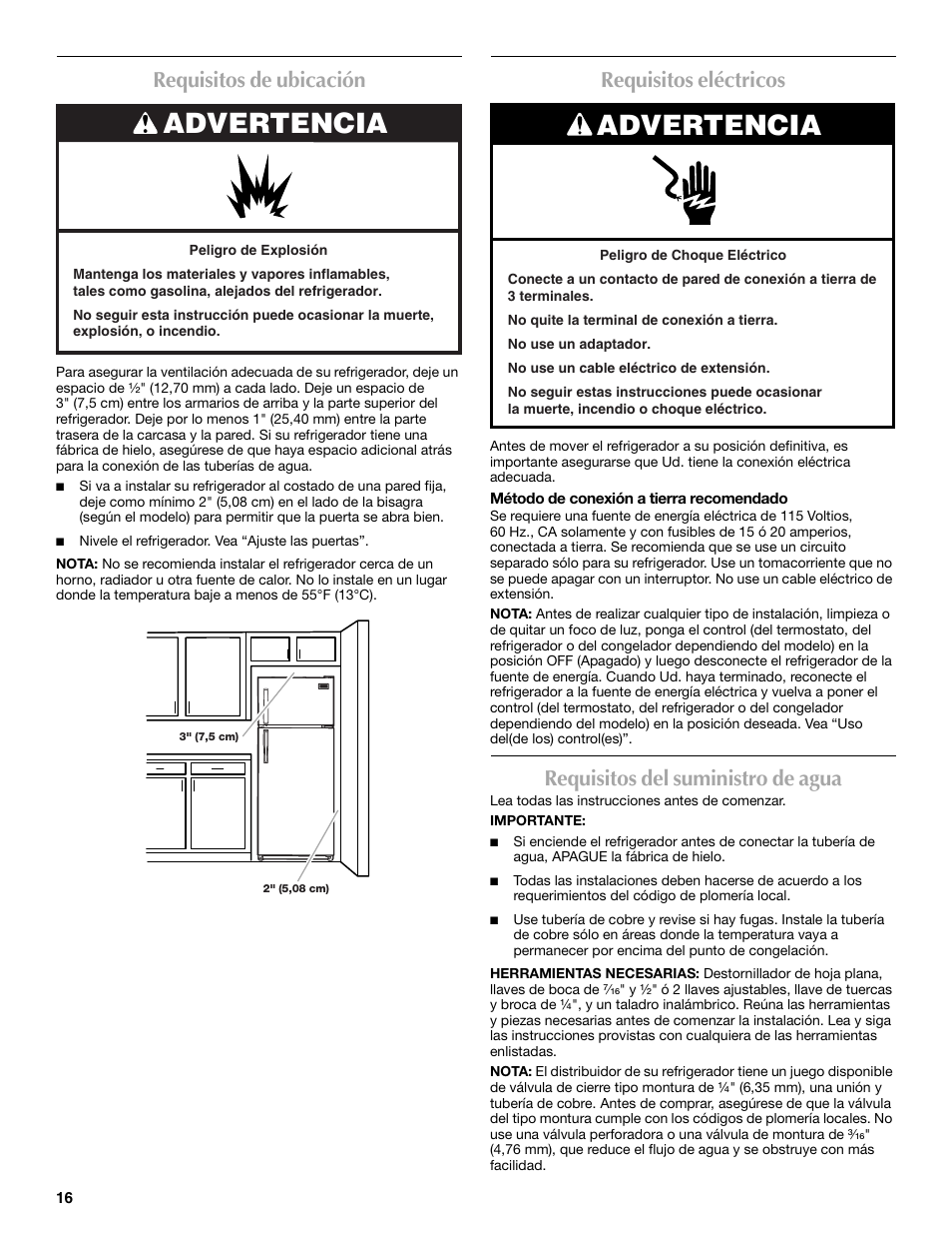 Advertencia, Requisitos de ubicación, Requisitos eléctricos | Requisitos del suministro de agua | Maytag M8RXEGMXS User Manual | Page 16 / 42