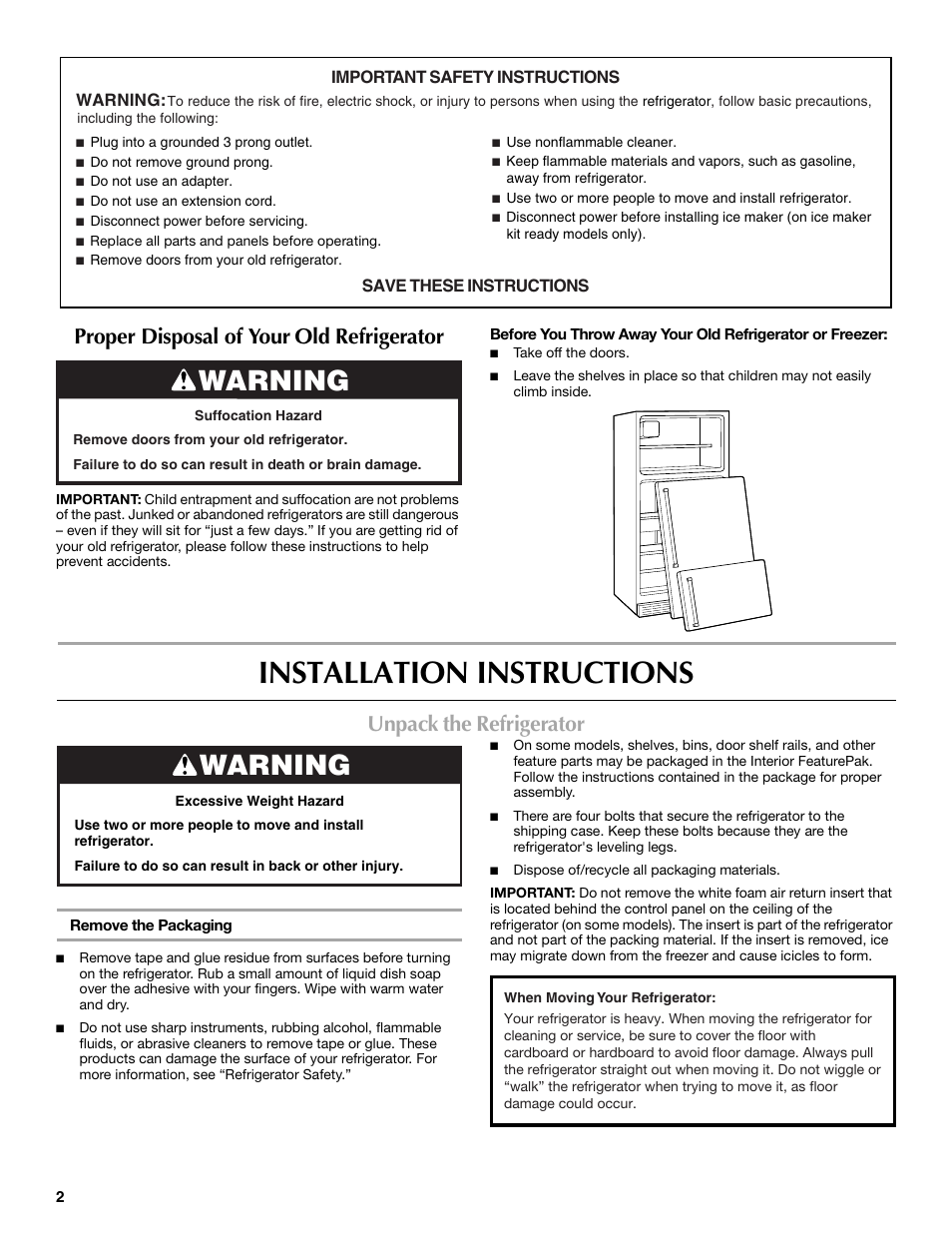 Installation instructions, Warning, Proper disposal of your old refrigerator | Unpack the refrigerator | Maytag M8RXEGMXS User Manual | Page 2 / 42