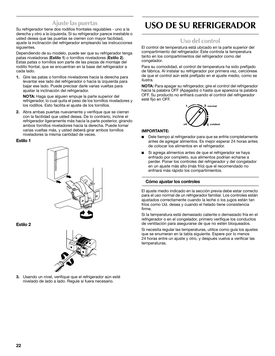 Uso de su refrigerador, Ajuste las puertas, Uso del control | Maytag M8RXEGMXS User Manual | Page 22 / 42