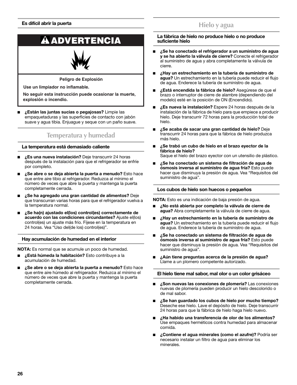 Advertencia, Temperatura y humedad, Hielo y agua | Maytag M8RXEGMXS User Manual | Page 26 / 42