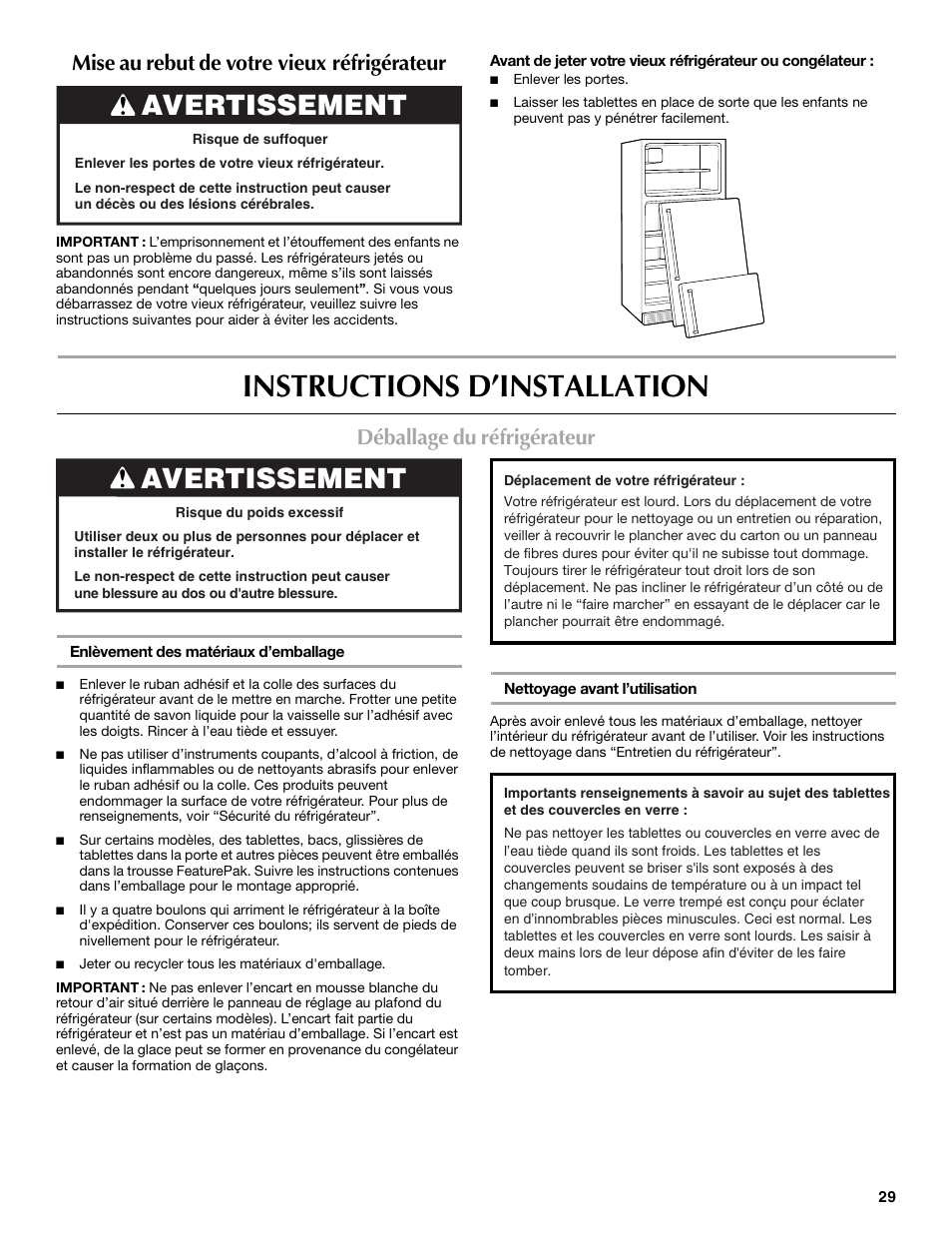 Instructions d’installation, Avertissement, Mise au rebut de votre vieux réfrigérateur | Déballage du réfrigérateur | Maytag M8RXEGMXS User Manual | Page 29 / 42