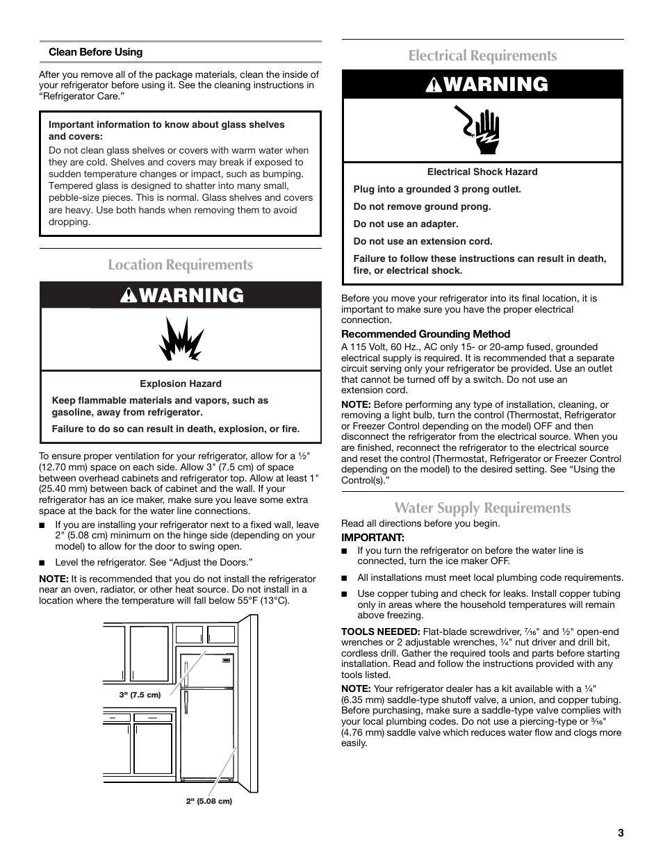 Warning, Location requirements, Electrical requirements | Water supply requirements | Maytag M8RXEGMXS User Manual | Page 3 / 42