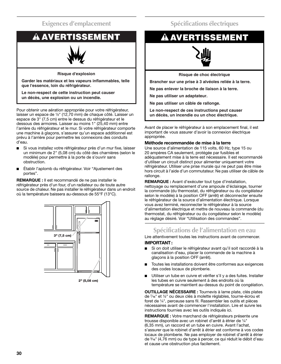 Avertissement, Exigences d’emplacement, Spécifications électriques | Spécifications de l’alimentation en eau | Maytag M8RXEGMXS User Manual | Page 30 / 42