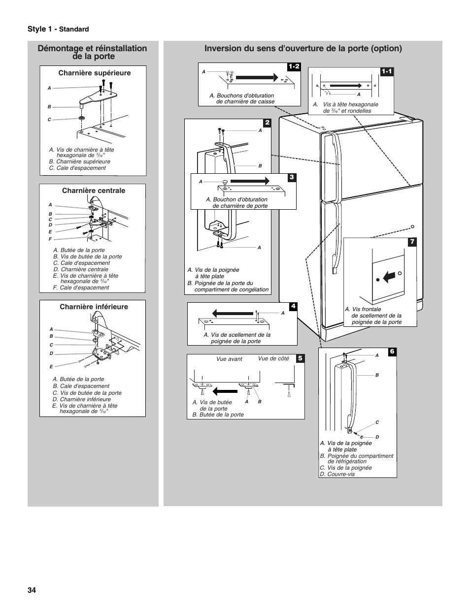 Démontage et réinstallation de la porte, Inversion du sens d'ouverture de la porte (option), 34 style 1 | Maytag M8RXEGMXS User Manual | Page 34 / 42