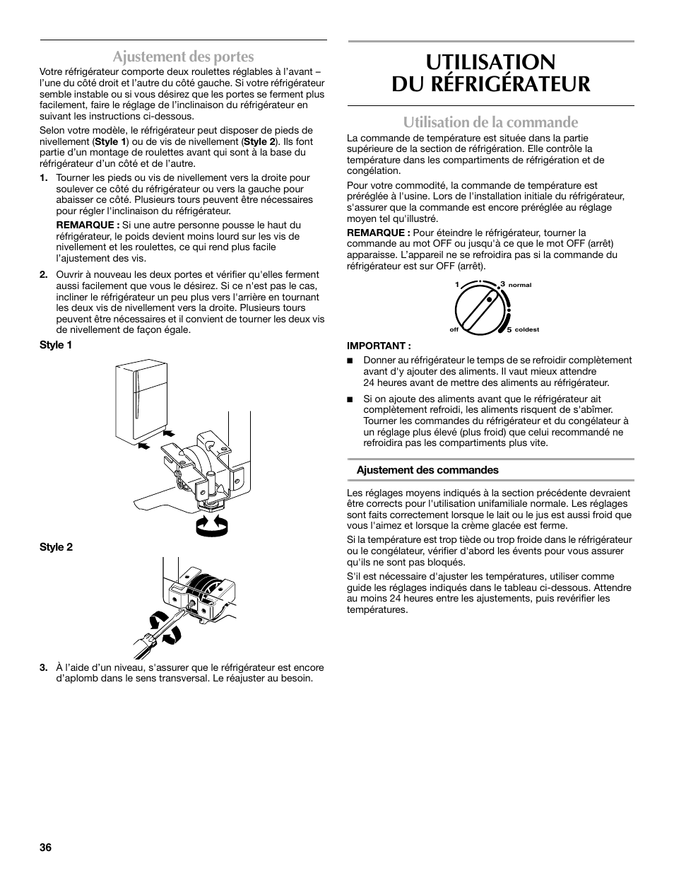 Utilisation du réfrigérateur, Ajustement des portes, Utilisation de la commande | Maytag M8RXEGMXS User Manual | Page 36 / 42