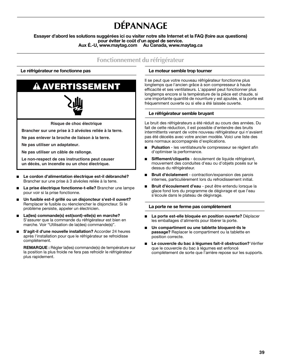 Dépannage, Avertissement, Fonctionnement du réfrigérateur | Maytag M8RXEGMXS User Manual | Page 39 / 42