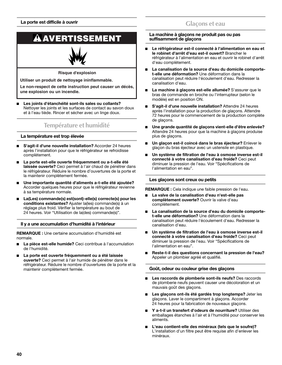 Avertissement, Température et humidité, Glaçons et eau | Maytag M8RXEGMXS User Manual | Page 40 / 42