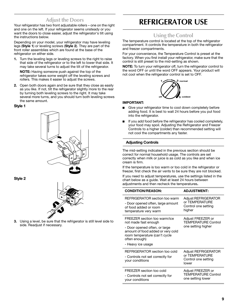 Refrigerator use, Adjust the doors, Using the control | Maytag M8RXEGMXS User Manual | Page 9 / 42