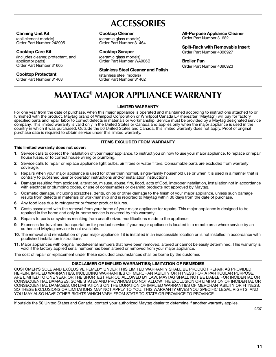 Accessories maytag, Major appliance warranty | Maytag W10238819A User Manual | Page 11 / 12