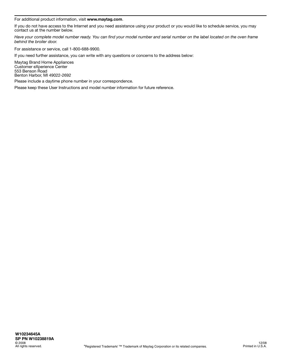 Maytag W10238819A User Manual | Page 12 / 12