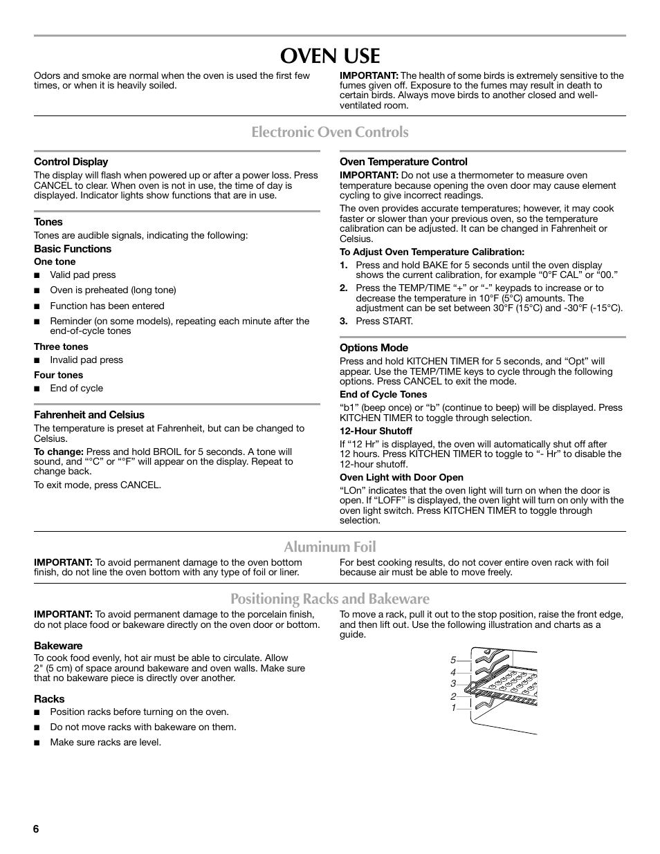 Oven use, Electronic oven controls, Aluminum foil | Positioning racks and bakeware | Maytag W10238819A User Manual | Page 6 / 12