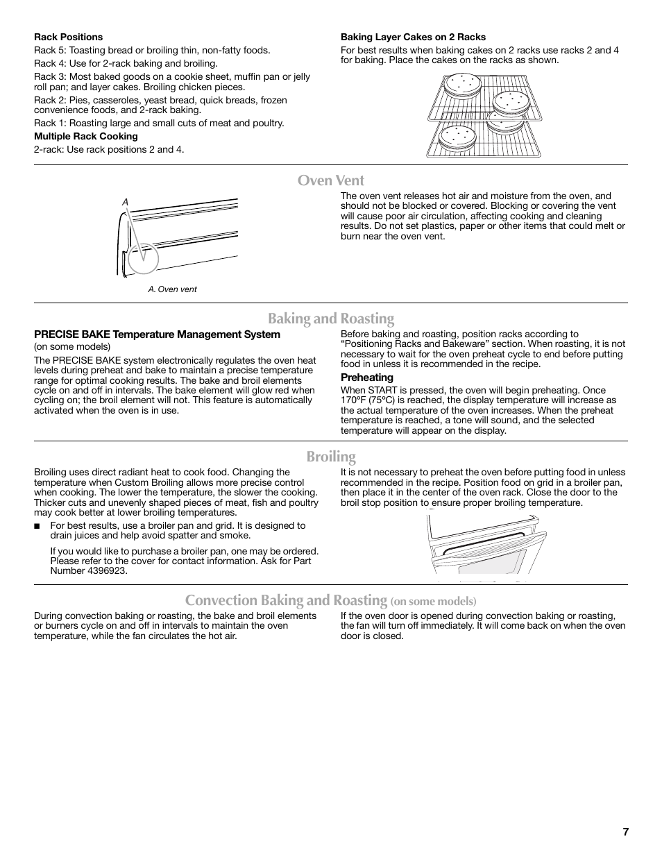 Oven vent, Baking and roasting, Broiling | Convection baking and roasting | Maytag W10238819A User Manual | Page 7 / 12