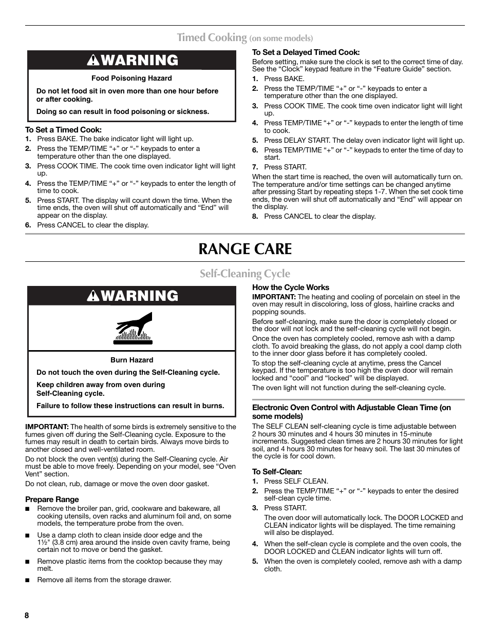 Range care, Warning, Timed cooking | Self-cleaning cycle | Maytag W10238819A User Manual | Page 8 / 12