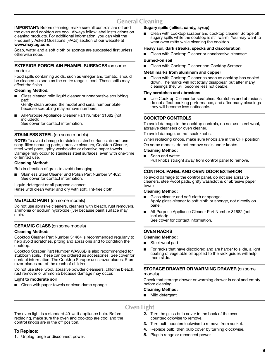 General cleaning, Oven light | Maytag W10238819A User Manual | Page 9 / 12
