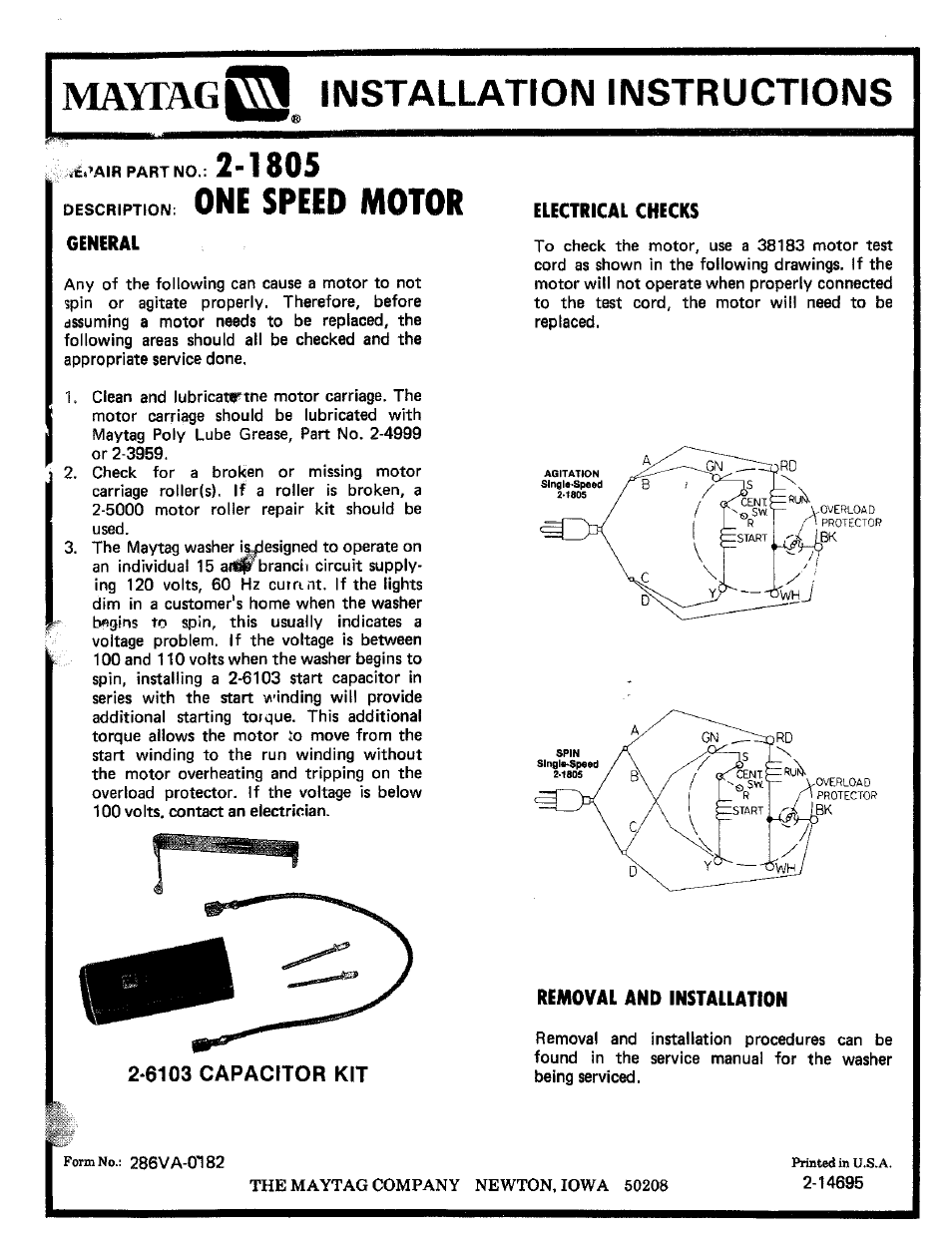 One speed motor, 6103 capacitor kit | Maytag 201805 User Manual | Page 2 / 3