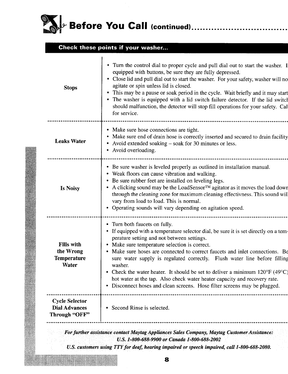 Before you call (continued), Before you call | Maytag MAV5057 User Manual | Page 10 / 11