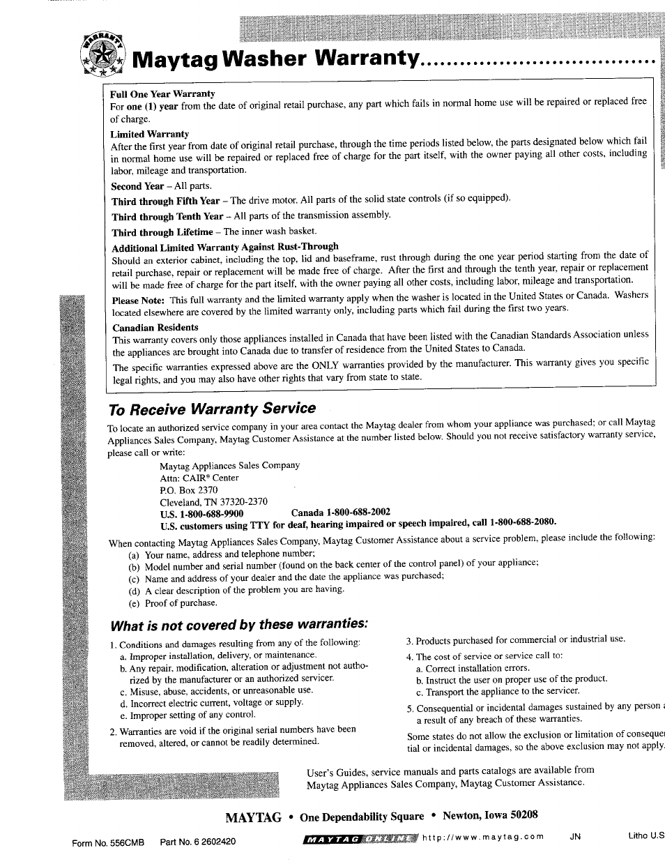 Maytag washer warranty | Maytag MAV5057 User Manual | Page 11 / 11