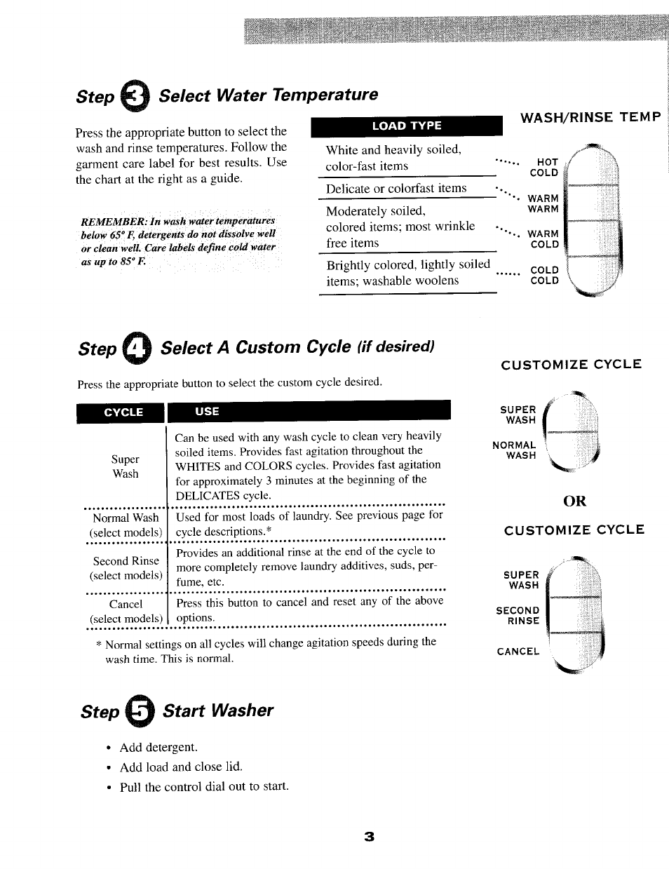 Step select water temperature, Step o select a custom cycle (if desired), Step 0 start washer | Step, Select a custom cycle, Start washer | Maytag MAV5057 User Manual | Page 5 / 11