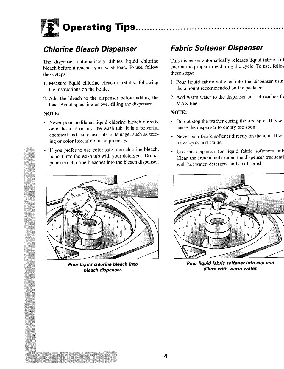 Ft operating tips, Chlorine bleach dispenser, Fabric softener dispenser | Operating tips -5 | Maytag MAV5057 User Manual | Page 6 / 11