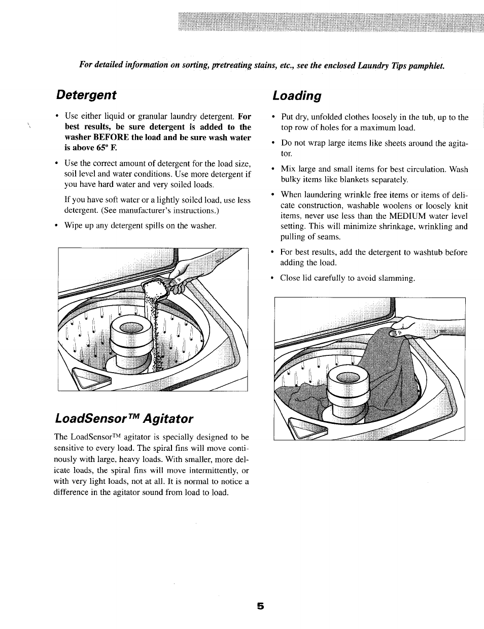 Detergent, Loadsensor™ agitator, Detergent loading | Maytag MAV5057 User Manual | Page 7 / 11