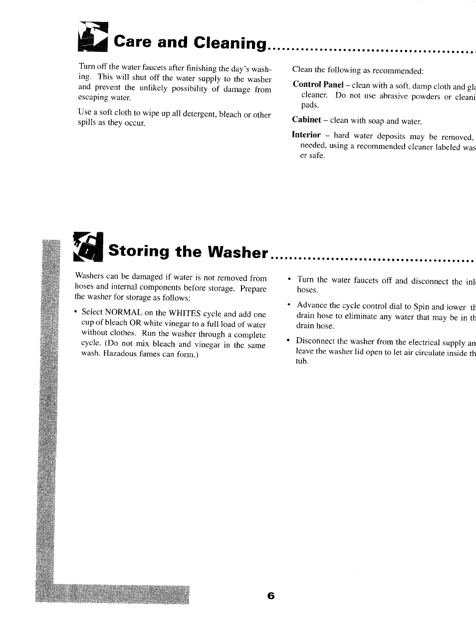 Care and cleaning, Storing the washer | Maytag MAV5057 User Manual | Page 8 / 11