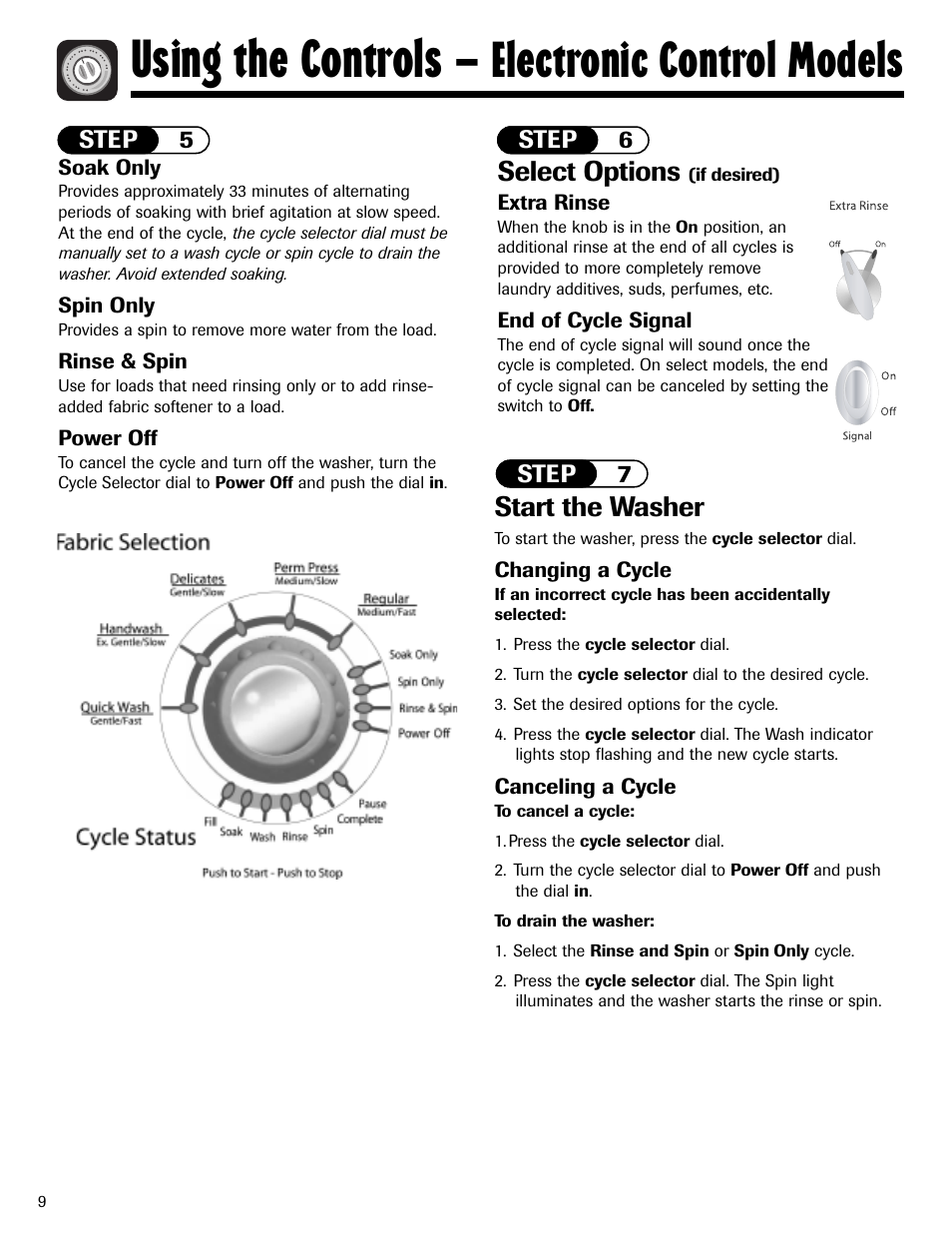 Using the controls, Electronic control models, Select options | Start the washer | Maytag MAV-2 User Manual | Page 10 / 48