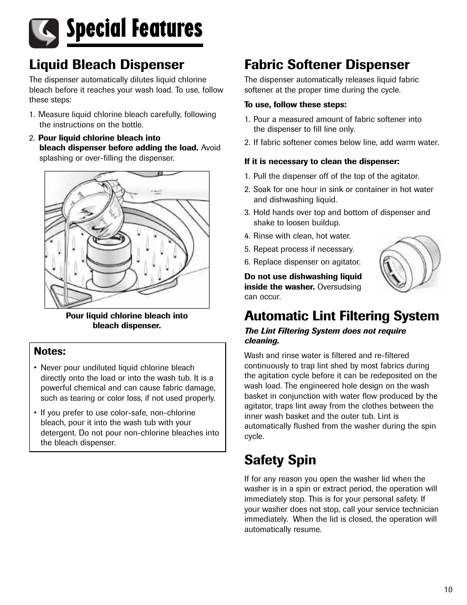 Special features, Liquid bleach dispenser, Fabric softener dispenser | Automatic lint filtering system, Safety spin | Maytag MAV-2 User Manual | Page 11 / 48