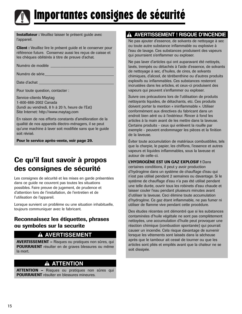 Importantes consignes de sécurité | Maytag MAV-2 User Manual | Page 16 / 48