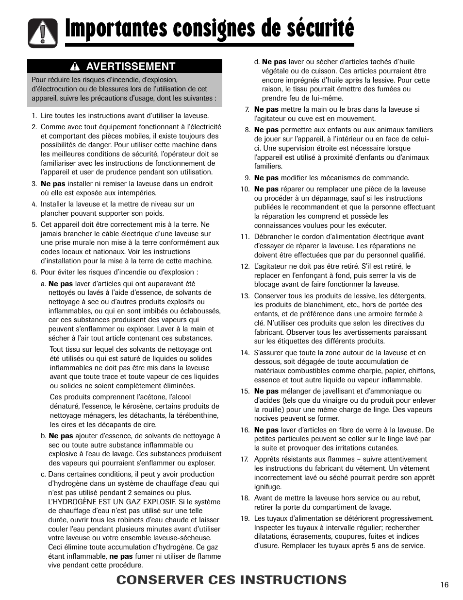 Importantes consignes de sécurité, Conserver ces instructions, Avertissement | Maytag MAV-2 User Manual | Page 17 / 48