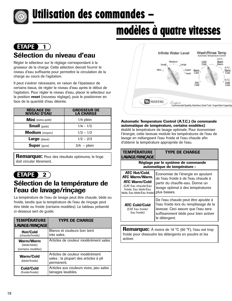 Sélection du niveau d’eau, Étape 1 étape 2, Remarque | Maytag MAV-2 User Manual | Page 20 / 48