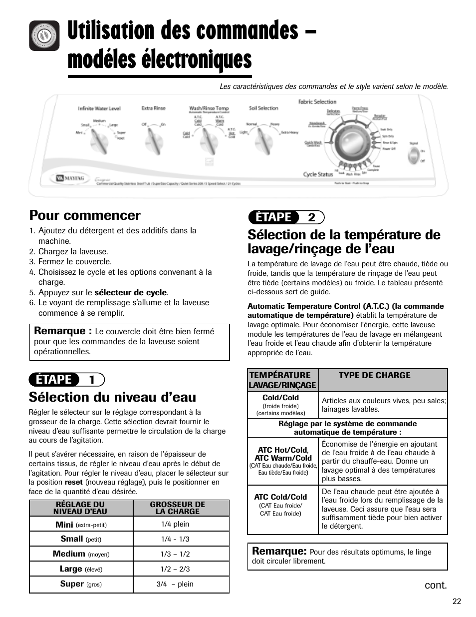 Utilisation des commandes – modéles électroniques, Pour commencer, Sélection du niveau d’eau | Étape 1, Étape 2, Remarque, Cont | Maytag MAV-2 User Manual | Page 23 / 48