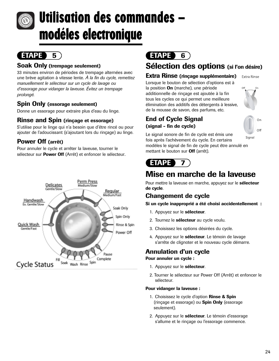 Utilisation des commandes – modéles electronique, Sélection des options, Mise en marche de la laveuse | Étape 6 étape 7 étape 5 | Maytag MAV-2 User Manual | Page 25 / 48