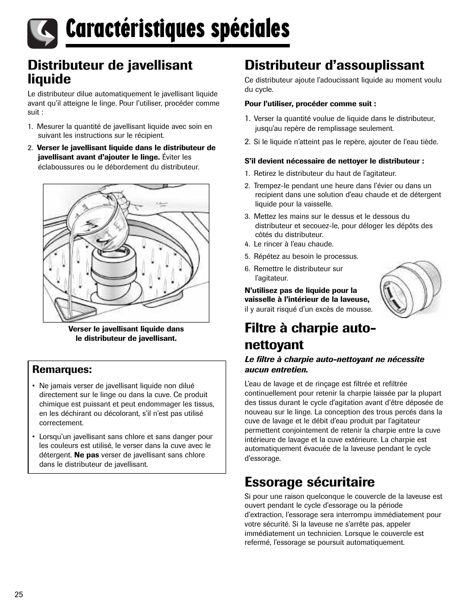 Caractéristiques spéciales, Distributeur de javellisant liquide, Distributeur d’assouplissant | Filtre à charpie auto- nettoyant, Essorage sécuritaire | Maytag MAV-2 User Manual | Page 26 / 48