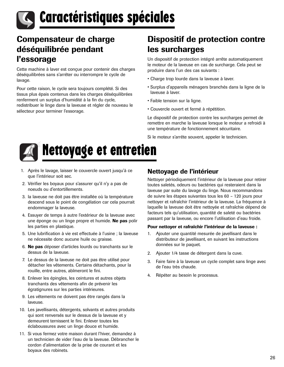 Caractéristiques spéciales nettoyage et entretien, Dispositif de protection contre les surcharges, Nettoyage de l’intérieur | Maytag MAV-2 User Manual | Page 27 / 48