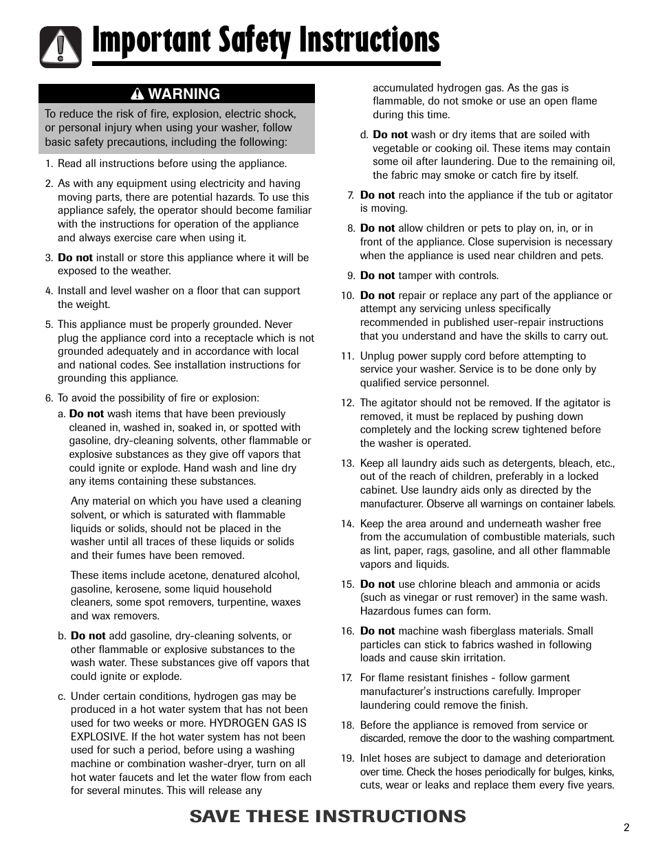 Important safety instructions, Save these instructions, Warning | Maytag MAV-2 User Manual | Page 3 / 48