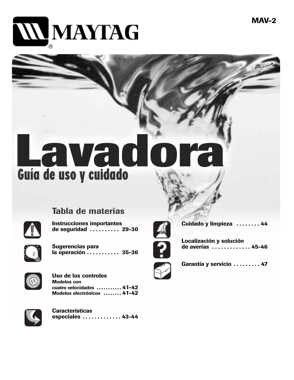 Guía de uso y cuidado, Tabla de materias | Maytag MAV-2 User Manual | Page 31 / 48