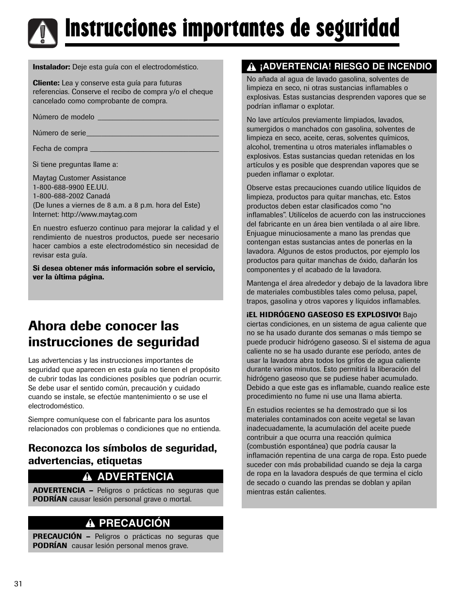 Instrucciones importantes de seguridad, Ahora debe conocer las instrucciones de seguridad | Maytag MAV-2 User Manual | Page 32 / 48