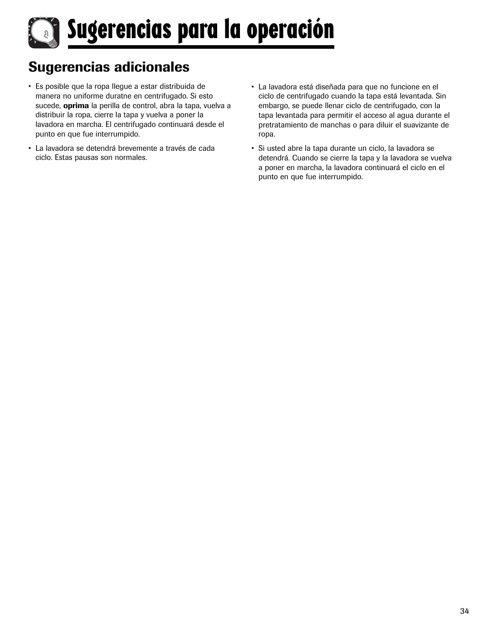 Sugerencias para la operación, Sugerencias adicionales | Maytag MAV-2 User Manual | Page 35 / 48