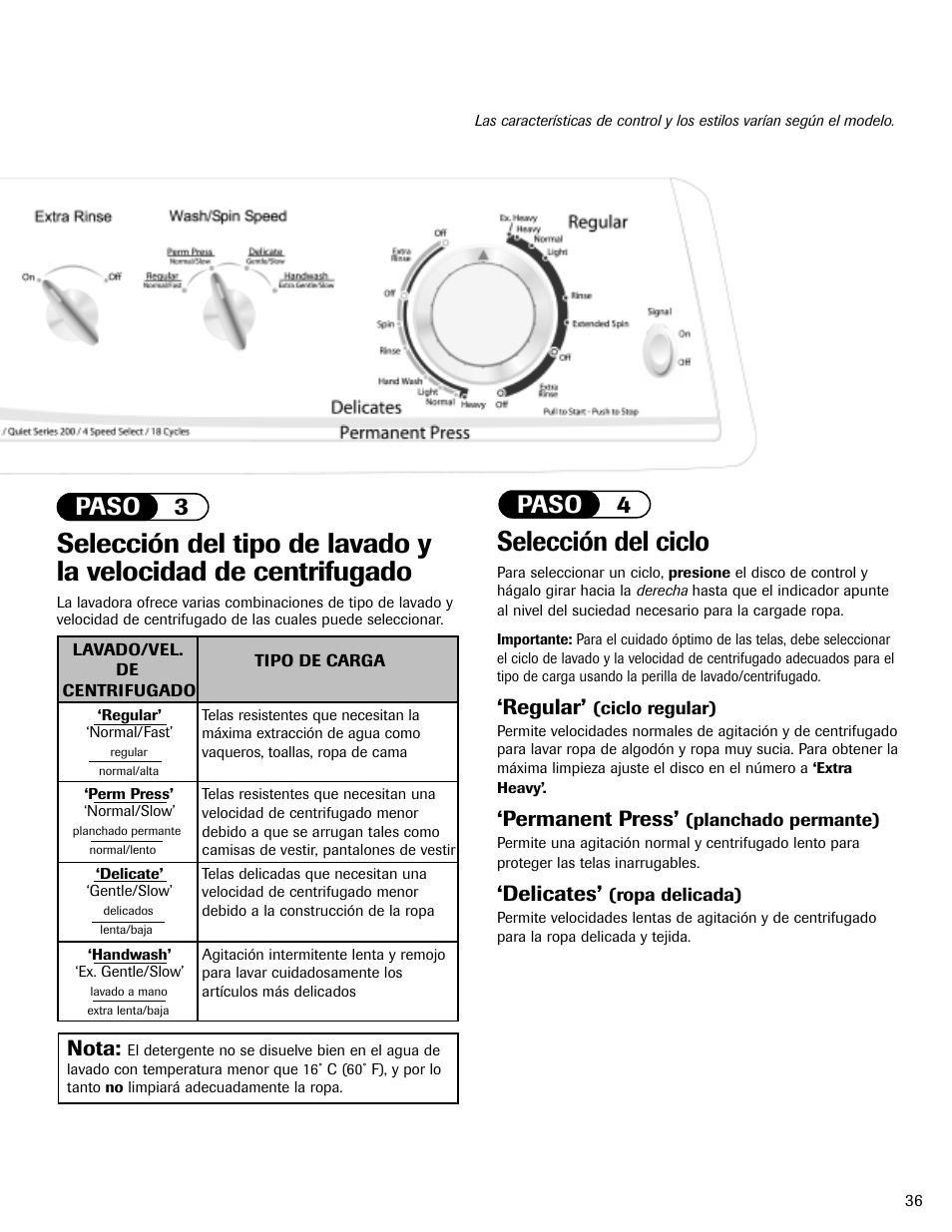 Selección del ciclo, Paso 4, Paso 3 | Regular, Permanent press, Delicates, Nota | Maytag MAV-2 User Manual | Page 37 / 48