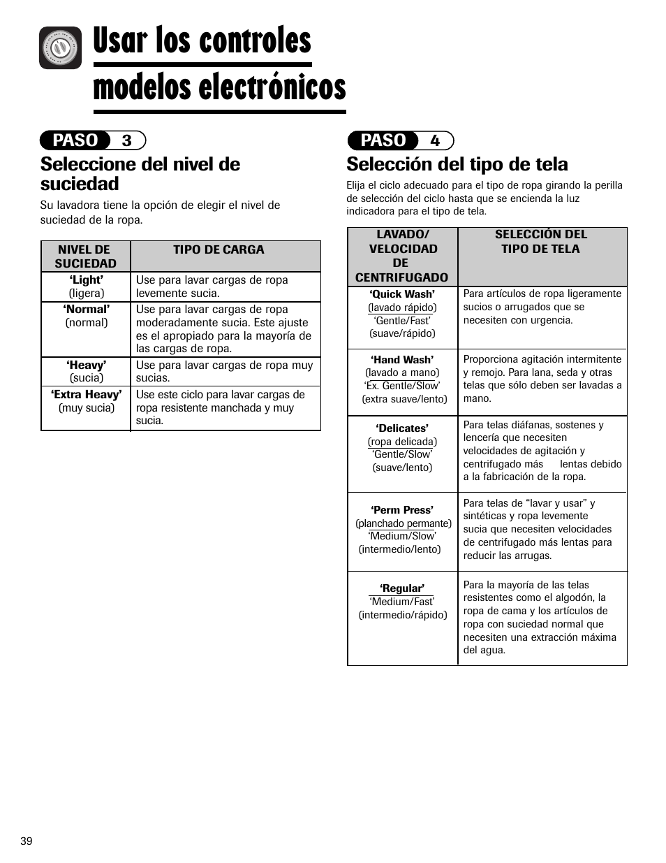 Usar los controles modelos electrónicos, Seleccione del nivel de suciedad, Selección del tipo de tela | Paso 4, Paso 3 | Maytag MAV-2 User Manual | Page 40 / 48