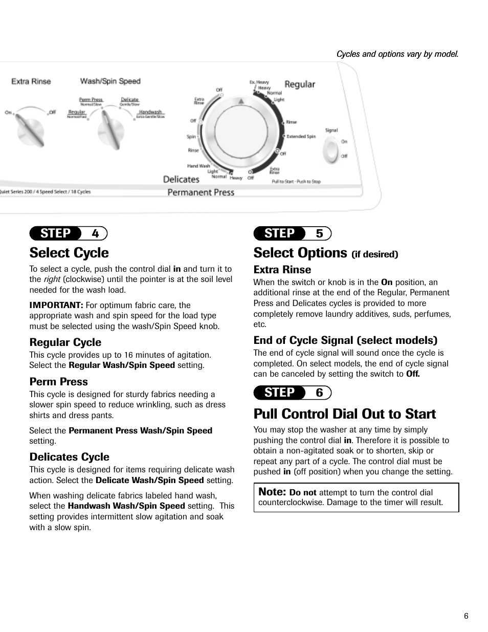 Select cycle, Pull control dial out to start, Select options | Step 4 step 6, Step 5 | Maytag MAV-2 User Manual | Page 7 / 48