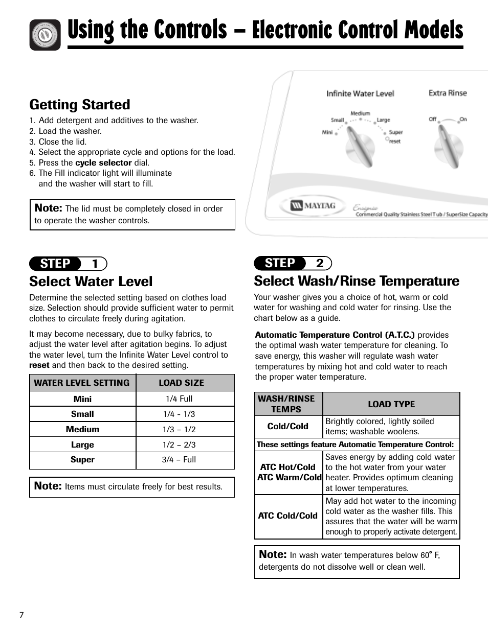 Using the controls, Electronic control models, Select wash/rinse temperature | Select water level, Getting started, Step 2, Step 1 | Maytag MAV-2 User Manual | Page 8 / 48