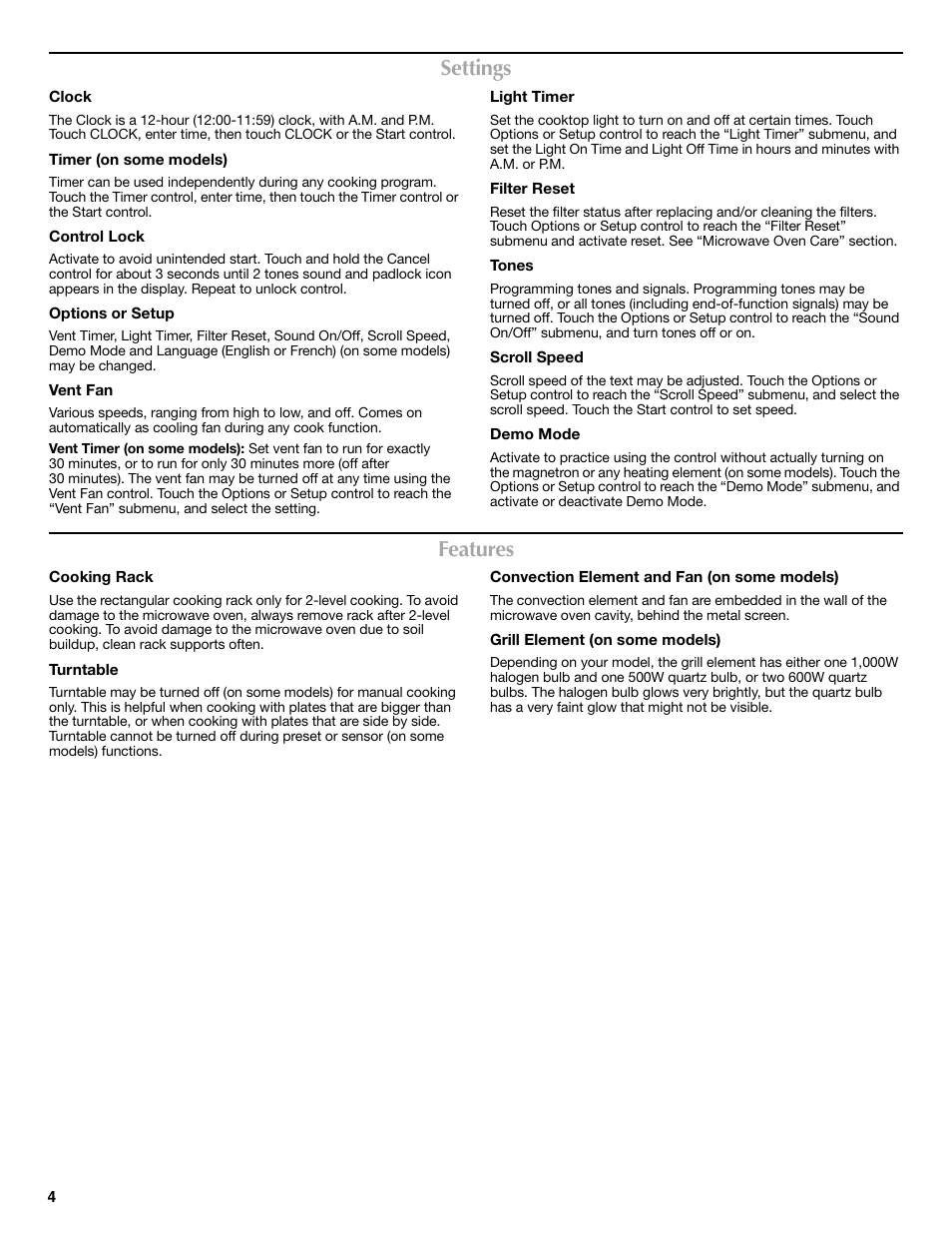 Settings, Features | Maytag W10336695A User Manual | Page 4 / 8