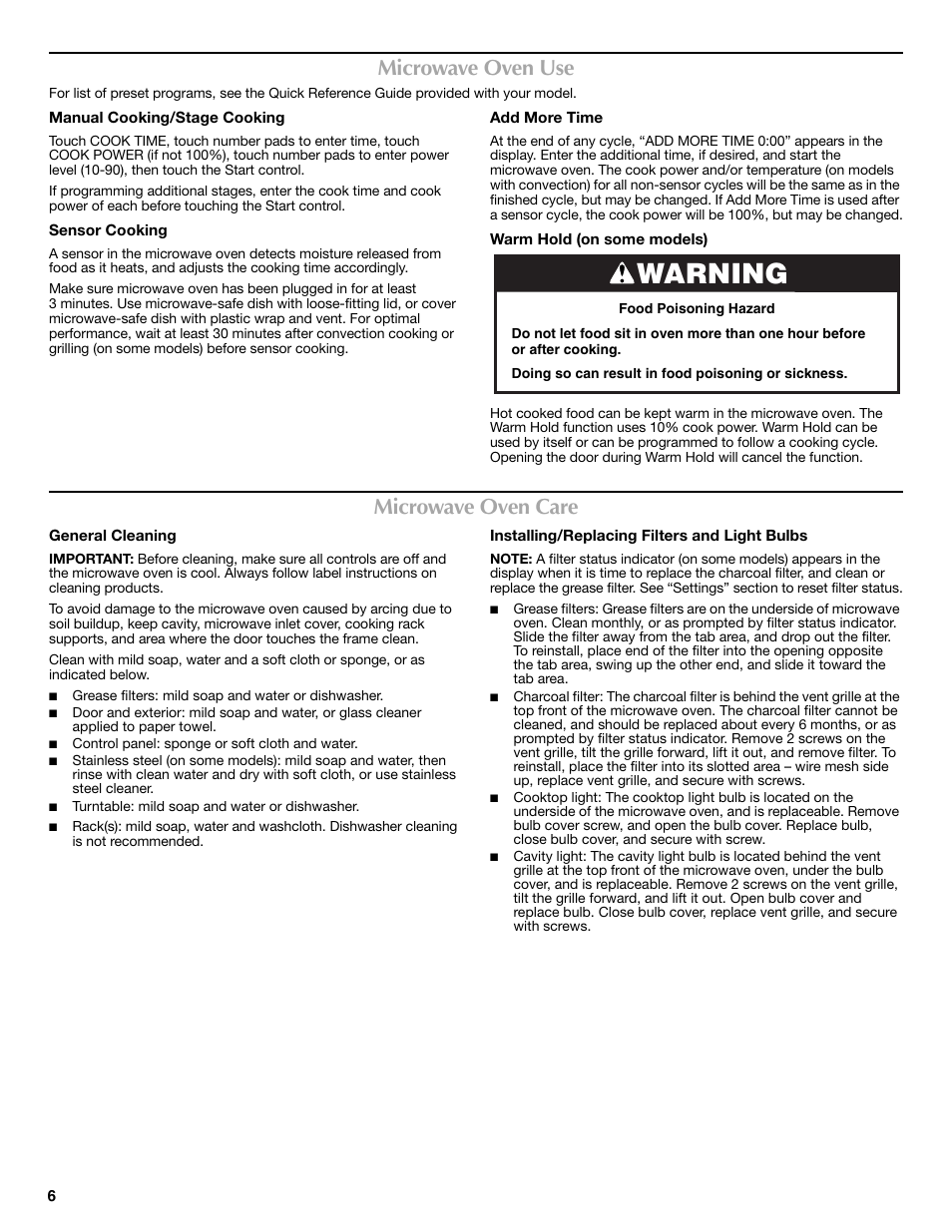 Warning, Microwave oven use, Microwave oven care | Maytag W10336695A User Manual | Page 6 / 8