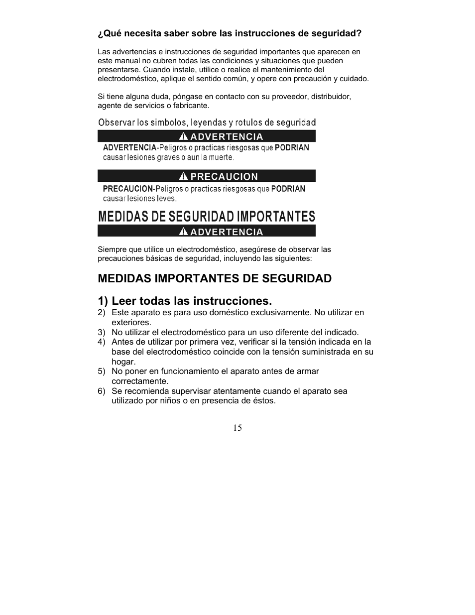 Medidas importantes de seguridad, 1) leer todas las instrucciones | Maytag MCEM1B User Manual | Page 15 / 24