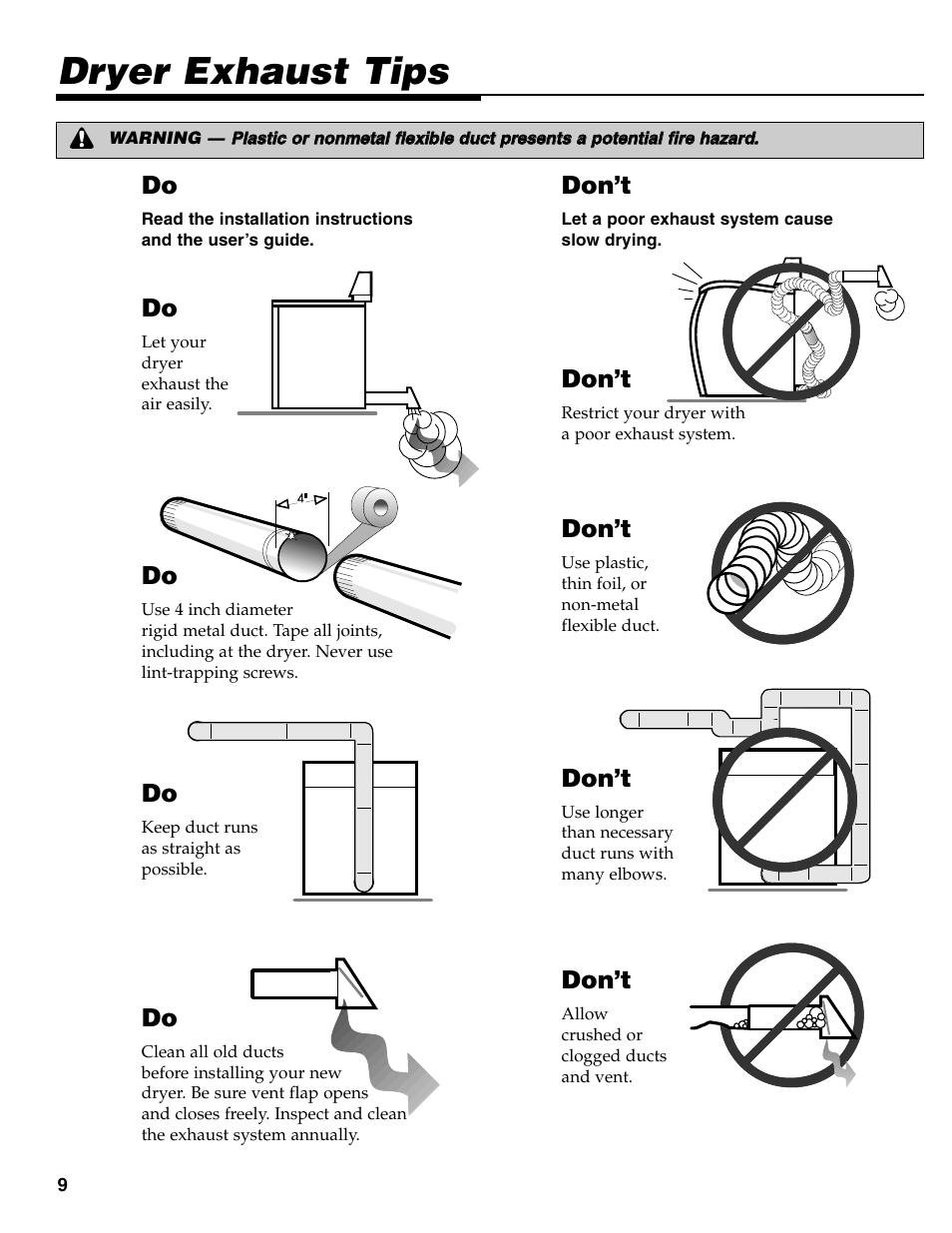 Dryer exhaust tips, Don’t | Maytag MD-31 User Manual | Page 10 / 36