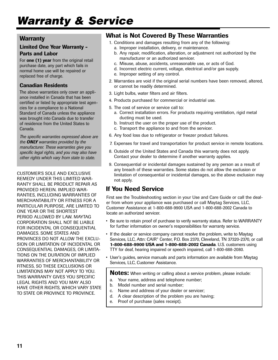 Warranty & service, Warranty, What is not covered by these warranties | If you need service | Maytag MD-31 User Manual | Page 12 / 36